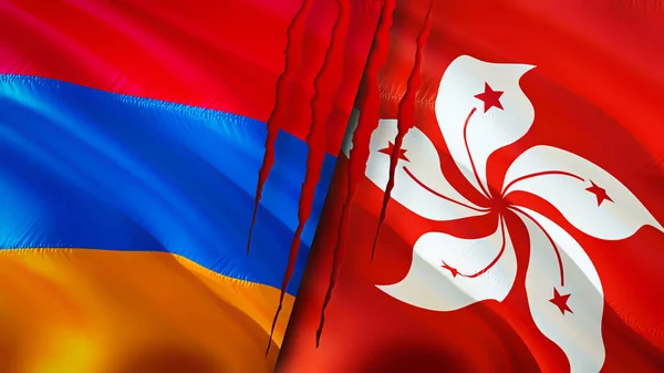 Armenia and Hong Kong flags with scar concept. Waving flag,3D rendering. Armenia and Hong Kong conflict concept. Armenia Hong Kong relations concept. flag of Armenia and Hong Kong