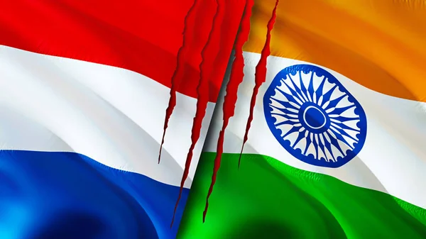 Netherlands and India flags with scar concept. Waving flag,3D rendering. Netherlands and India conflict concept. Netherlands India relations concept. flag of Netherlands and India crisis,war, attac