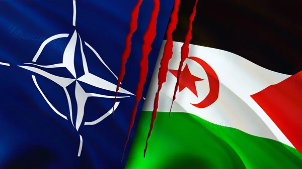 NATO and Western Sahara flags with scar concept. Waving flag,3D rendering. Western Sahara and NATO conflict concept. NATO Western Sahara relations concept. flag of NATO and Western Sahar