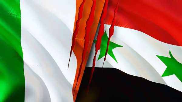 Ireland and Syria flags with scar concept. Waving flag 3D rendering. Ireland and Syria conflict concept. Ireland Syria relations concept. flag of Ireland and Syria crisis,war, attack concep