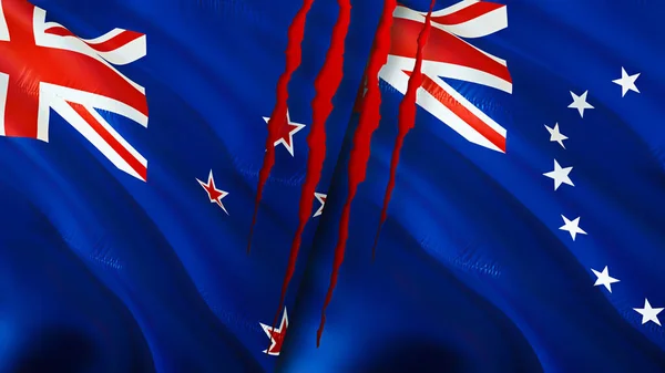 Флаги Новой Зеландии Островов Кука Шрамом Трехмерный Рендеринг Флага Конфликт — стоковое фото