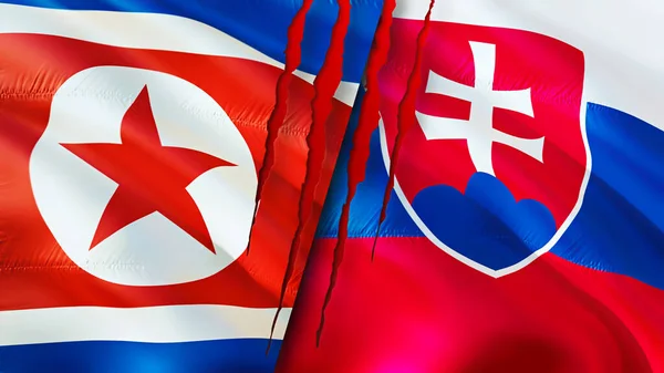 North Korea and Slovakia flags with scar concept. Waving flag,3D rendering. North Korea and Slovakia conflict concept. North Korea Slovakia relations concept. flag of North Korea and Slovaki