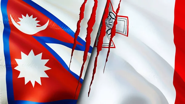 Флаги Непала Мальты Шрамом Флажок Рендеринг Концепция Конфликта Между Непалом — стоковое фото