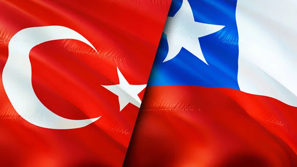 Turkey and Chile flags. 3D Waving flag design. Turkey Chile flag, picture, wallpaper. Turkey vs Chile image,3D rendering. Turkey Chile relations alliance and Trade,travel,tourism concep
