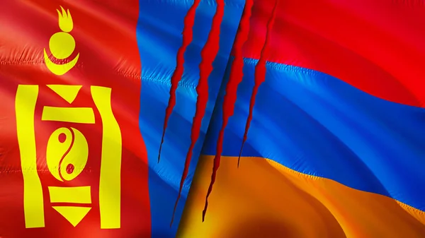 蒙古和亚美尼亚带有伤疤概念的国旗 飘扬的旗帜 3D渲染 蒙古和亚美尼亚冲突概念 蒙古亚美尼亚关系概念 蒙古和亚美尼亚国旗危机 战争C — 图库照片