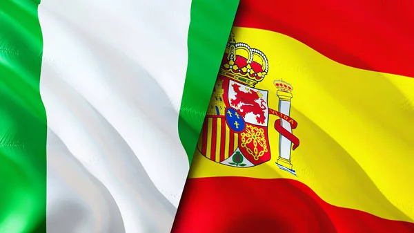 Nigeria and Spain flags. 3D Waving flag design. Nigeria Spain flag, picture, wallpaper. Nigeria vs Spain image,3D rendering. Nigeria Spain relations alliance and Trade,travel,tourism concep