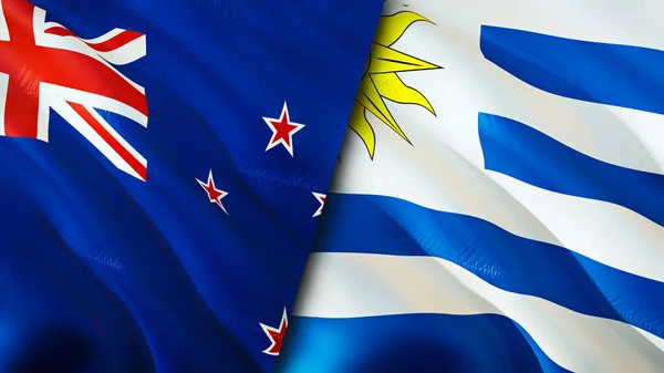 New Zealand and Uruguay flags. 3D Waving flag design. New Zealand Uruguay flag, picture, wallpaper. New Zealand vs Uruguay image,3D rendering. New Zealand Uruguay relations war allianc