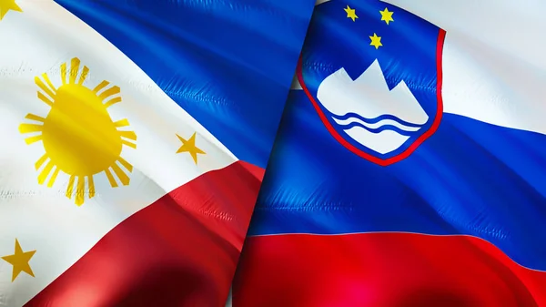 Philippines and Slovenia flags. 3D Waving flag design. Philippines Slovenia flag, picture, wallpaper. Philippines vs Slovenia image,3D rendering. Philippines Slovenia relations alliance an