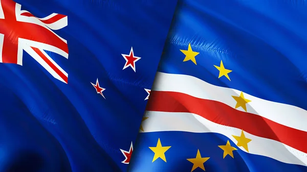 New Zealand and Cape Verde flags. 3D Waving flag design. New Zealand Cape Verde flag, picture, wallpaper. New Zealand vs Cape Verde image,3D rendering. New Zealand Cape Verde relations war allianc