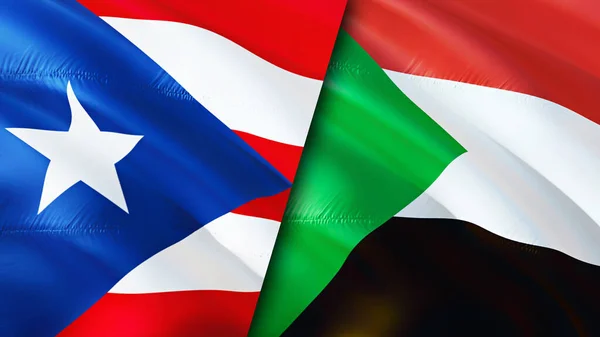 Puerto Rico and Sudan flags. 3D Waving flag design. Puerto Rico Sudan flag, picture, wallpaper. Puerto Rico vs Sudan image,3D rendering. Puerto Rico Sudan relations alliance and Trade,travel,touris