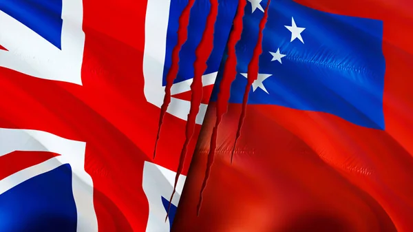 联合王国和萨摩亚具有疤痕概念的国旗 飘扬的旗帜 3D渲染 联合王国和萨摩亚冲突概念 联合王国萨摩亚关系概念 联合王国国旗和萨莫旗 — 图库照片