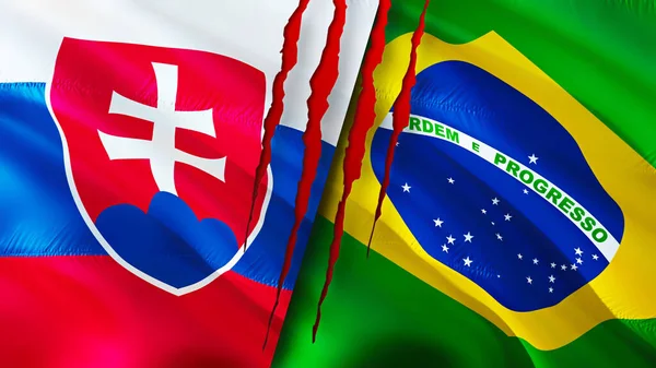Slovakia and Brazil flags with scar concept. Waving flag,3D rendering. Slovakia and Brazil conflict concept. Slovakia Brazil relations concept. flag of Slovakia and Brazil crisis,war, attack concep