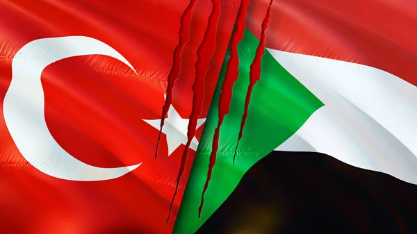 Turkey and Sudan flags with scar concept. Waving flag,3D rendering. Turkey and Sudan conflict concept. Turkey Sudan relations concept. flag of Turkey and Sudan crisis,war, attack concep