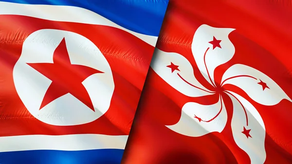 North Korea and Hong Kong flags. 3D Waving flag design. North Korea Hong Kong flag, picture, wallpaper. North Korea vs Hong Kong image,3D rendering. North Korea Hong Kong relations alliance an