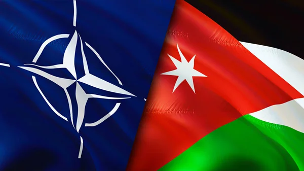 NATO and Jordan flags. 3D Waving flag design. Jordan NATO flag, picture, wallpaper. NATO vs Jordan image,3D rendering. NATO Jordan relations alliance and Trade,travel,tourism concep