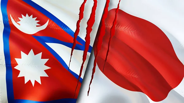 Bandeiras Nepal Japão Com Conceito Cicatriz Bandeira Ondulada Renderização Conceito — Fotografia de Stock