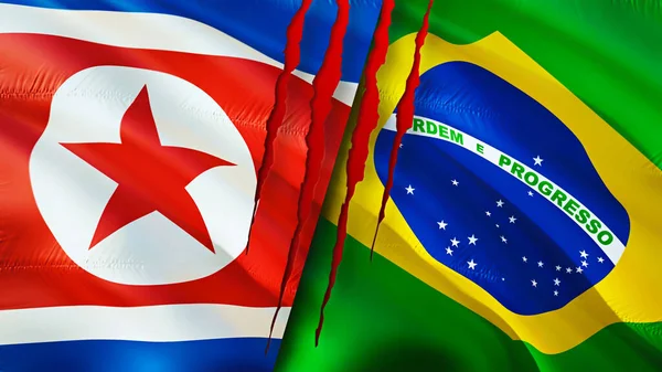 North Korea and Brazil flags with scar concept. Waving flag,3D rendering. North Korea and Brazil conflict concept. North Korea Brazil relations concept. flag of North Korea and Brazil crisis,war