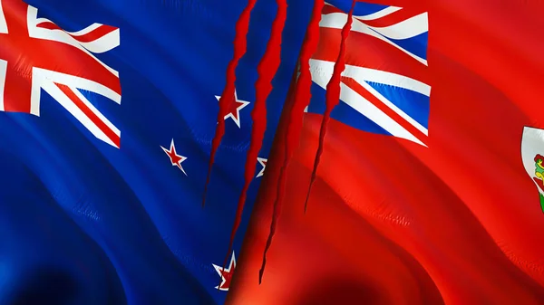 新西兰和百慕大具有疤痕概念的国旗 波浪旗3D渲染 新西兰和百慕大冲突概念 新西兰百慕大关系概念 新西兰和Bermud国旗 — 图库照片