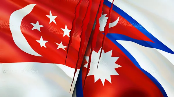 Singapore Nepal Flags Scar Concept Waving Flag Rendering Singapore Nepal — Stock Photo, Image