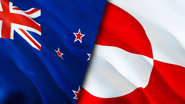 新西兰和格陵兰的国旗 3D波浪旗帜设计 新西兰格陵兰国旗 新西兰对格陵兰岛图像 3D渲染 新西兰格陵兰关系战争联盟C — 图库照片