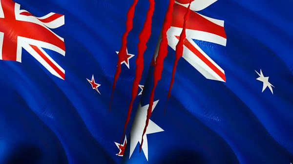 New Zealand and Australia flags with scar concept. Waving flag 3D rendering. New Zealand and Australia conflict concept. New Zealand Australia relations concept. flag of New Zealand and Australi
