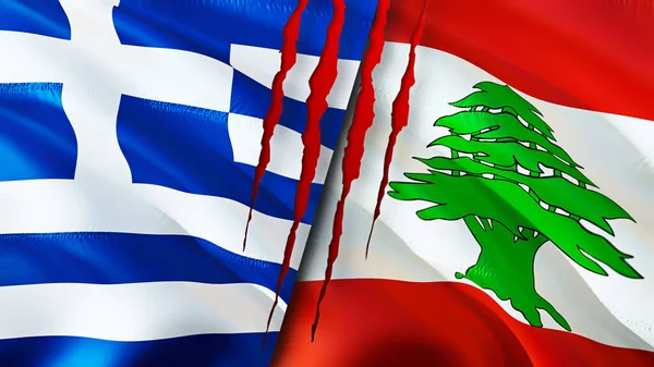 그리스와 레바논의 깃발에는 흉터가 웨이브 플래그 렌더링 그리스와 레바논의 분쟁이 — 스톡 사진