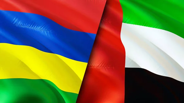 Mauritius and United Arab Emirates flags. 3D Waving flag design. Mauritius United Arab Emirates flag, picture, wallpaper. Mauritius vs United Arab Emirates image,3D rendering. Mauritius United Ara