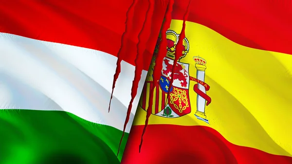 Hungary and Spain flags with scar concept. Waving flag,3D rendering. Hungary and Spain conflict concept. Hungary Spain relations concept. flag of Hungary and Spain crisis,war, attack concep