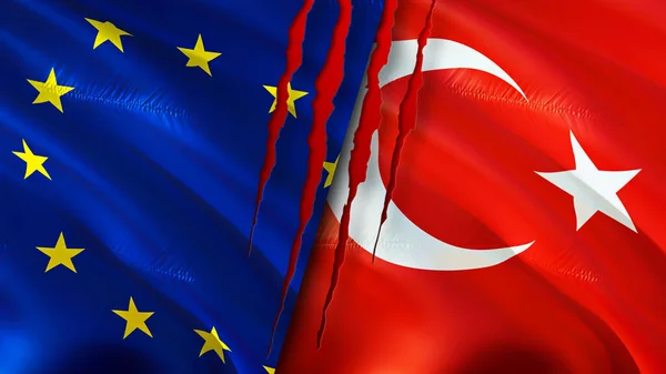 European Union and Turkey flags with scar concept. Waving flag,3D rendering. European Union and Turkey conflict concept. European Union Turkey relations concept. flag of European Union and Turke