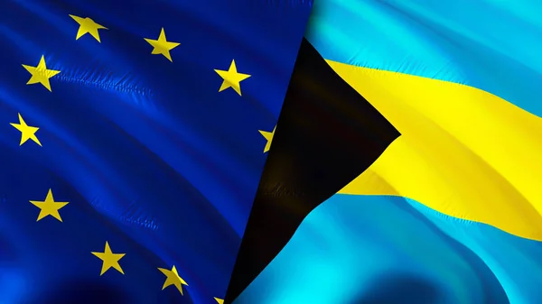 European Union and Bahamas flags. 3D Waving flag design. European Union Bahamas flag, picture, wallpaper. European Union vs Bahamas image,3D rendering. European Union Bahamas relations alliance an