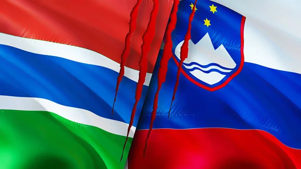 Gambia and Slovenia flags with scar concept. Waving flag,3D rendering. Gambia and Slovenia conflict concept. Gambia Slovenia relations concept. flag of Gambia and Slovenia crisis,war, attack concep