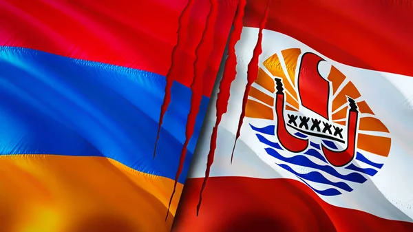 Armenia and French Polynesia flags with scar concept. Waving flag,3D rendering. Armenia and French Polynesia conflict concept. Armenia French Polynesia relations concept. flag of Armenia and Frenc