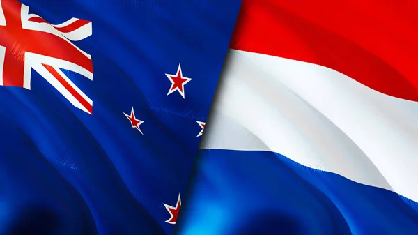 新西兰和荷兰的国旗 3D波浪旗帜设计 新西兰国旗 新西兰对荷兰的图像 3D渲染 新西兰与荷兰的关系 — 图库照片