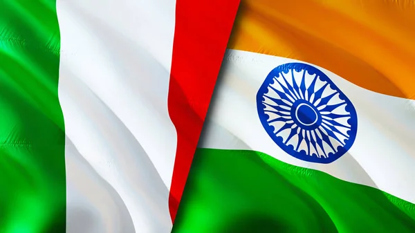 意大利和印度的国旗 3D波浪旗帜设计 意大利国旗 意大利对印度的图像 3D渲染 意大利印度关系联盟与贸易 — 图库照片