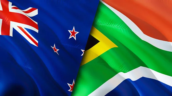 New Zealand and South Africa flags. 3D Waving flag design. New Zealand South Africa flag, picture, wallpaper. New Zealand vs South Africa image,3D rendering. New Zealand South Africa relations wa
