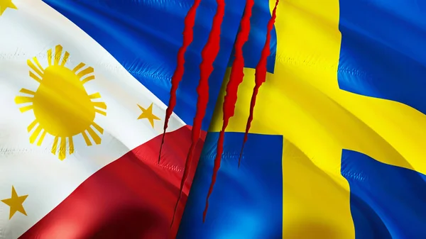 Filipina Dan Bendera Swedia Dengan Konsep Bekas Luka Mengayunkan Bendera — Stok Foto