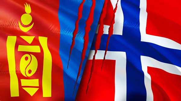Mongolia and Norway flags with scar concept. Waving flag,3D rendering. Mongolia and Norway conflict concept. Mongolia Norway relations concept. flag of Mongolia and Norway crisis,war, attack concep