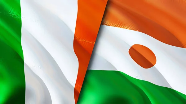 爱尔兰和尼日尔的国旗 3D波浪旗帜设计 爱尔兰国旗 爱尔兰对尼日尔的图像 3D渲染 爱尔兰与尼日尔的战争联盟概念 — 图库照片