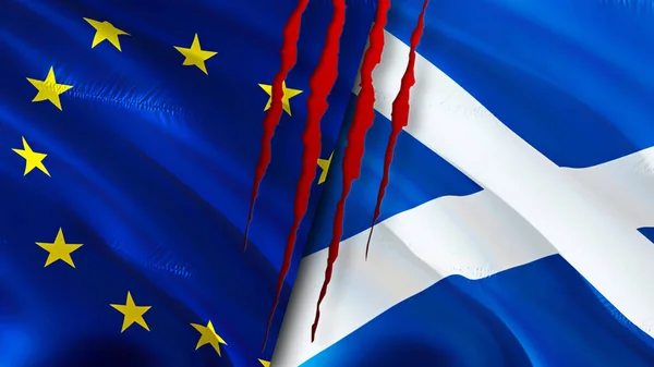 European Union and Scotland flags with scar concept. Waving flag,3D rendering. European Union and Scotland conflict concept. European Union Scotland relations concept. flag of European Union an