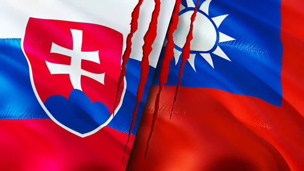 Slovakia and Taiwan flags with scar concept. Waving flag,3D rendering. Slovakia and Taiwan conflict concept. Slovakia Taiwan relations concept. flag of Slovakia and Taiwan crisis,war, attack concep