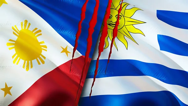 Yara Izi Olan Filipinler Uruguay Bayrakları Dalgalanan Bayrak Boyutlu Görüntüleme — Stok fotoğraf