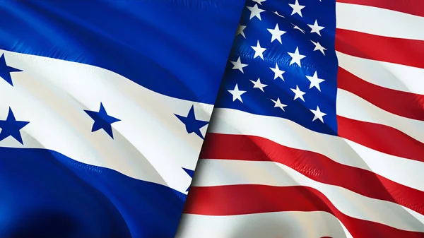 洪都拉斯和美国的国旗 3D波浪旗帜设计 洪都拉斯美国国旗 洪都拉斯对美国的图像 3D渲染 洪都拉斯美国关系联盟与贸易 — 图库照片