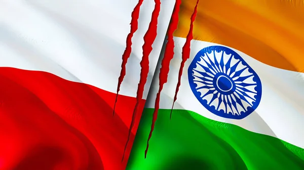 波兰和印度的国旗上有疤痕的概念 飘扬的旗帜 3D渲染 波兰和印度冲突概念 印度关系概念 波兰和印度的国旗危机 — 图库照片