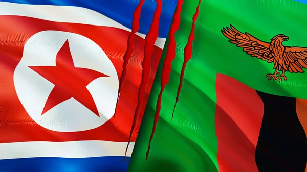 North Korea and Zambia flags with scar concept. Waving flag,3D rendering. North Korea and Zambia conflict concept. North Korea Zambia relations concept. flag of North Korea and Zambia crisis,war