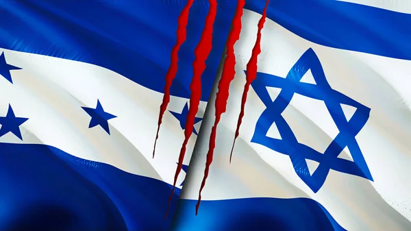 Honduras and Israel flags with scar concept. Waving flag 3D rendering. Honduras and Israel conflict concept. Honduras Israel relations concept. flag of Honduras and Israel crisis,war, attack concep