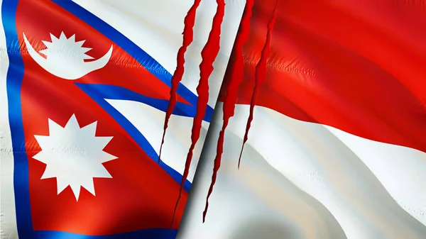 Nepal Indonesia Flags Scar Concept Waving Flag Rendering Nepal Indonesia — Stock Photo, Image