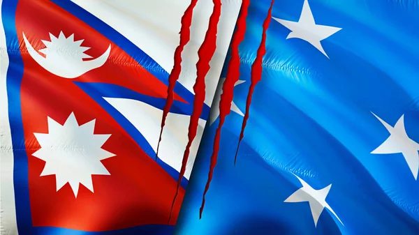 Флаги Непала Микронезии Шрамом Флажок Рендеринг Концепция Конфликта Между Непалом — стоковое фото