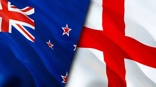 新西兰和英国的国旗 3D波浪旗帜设计 新西兰国旗 新西兰对英格兰的图像 3D渲染 新西兰与英国的关系 — 图库照片