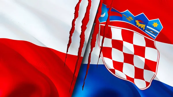 폴란드와 크로아티아의 깃발에는 흉터가 웨이브 플래그 렌더링 폴란드와 크로아티아의 충돌이라는 — 스톡 사진
