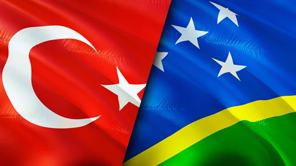 Turkey and Solomon Islands flags. 3D Waving flag design. Turkey Solomon Islands flag, picture, wallpaper. Turkey vs Solomon Islands image,3D rendering. Turkey Solomon Islands relations alliance an
